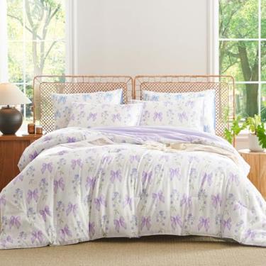 Imagem de CCoutueChen Jogo de cama casal com laço roxo, 3 peças, floral, estilo princesa romântica, laço, microfibra, jardim, flor, 2 fronhas