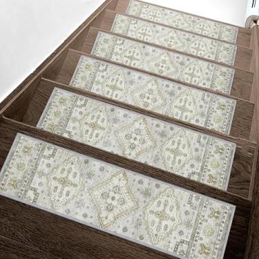 Imagem de Antiderrapante para degraus de madeira, tapetes de escada de borracha acinzentada de 20,3 x 76,2 cm, tapete lavável reutilizável para escadas, tapetes de segurança interna, escadas, degraus para