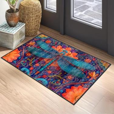 Imagem de Tapete de área boêmio com libélula de 6,5 x 7,5 m - Tapete lavável com estampa floral colorida vibrante para sala de estar, quarto, berçário, sol, tapete antiderrapante