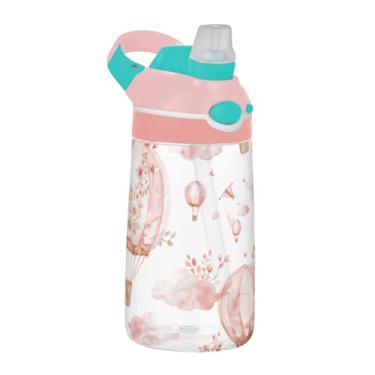 Imagem de xigua Balões de ar quente em aquarela Garrafa de água Tritan com bico de silicone, 480 ml portátil à prova de vazamento com botão bloqueável e alça larga