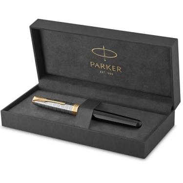 Imagem de PARKER Sonnet Fountain Pen | Premium Metal and Black Gloss Finish with Gold Trim | Fine 18k Gold Nib with Black Ink Cartridge | Gift Box