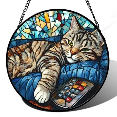 Imagem de DASTOLL Vitral para pendurar gato cinza e controle remoto 19,8 cm – porta jardim cozinha apanhador de sol decoração de casa aniversário para animais de estimação perdidos mãe homens mulher amigo avó
