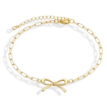 Imagem de SWEET PEEPS Pulseira feminina com laço mergulhado em ouro 18 quilates, pulseira de corrente delicada com ajuste ajustável, joia minimalista para o dia a dia, One Size, Ouro amarelo, Sem Pedra Preciosa