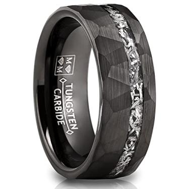 Imagem de Metal Masters Co. Anel masculino de carboneto de tungstênio meteorito martelado 8 mm prateado preto, Metal, Sem pedra preciosa