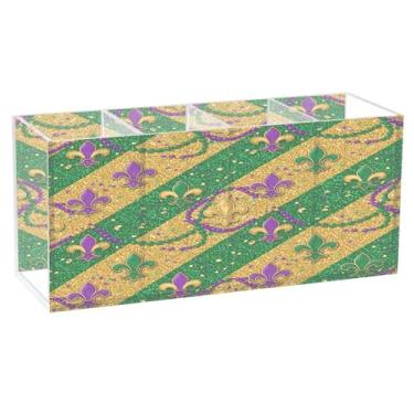 Imagem de CEBUGI Porta-lápis de acrílico transparente com 4 compartimentos, organizador de pincéis de maquiagem com estampa flor-de-lis para armazenamento em mesa de escritório em casa