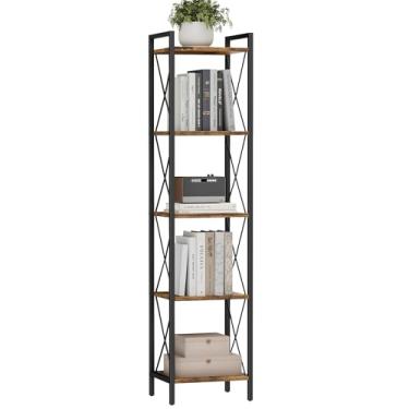 Imagem de Homhedy Estante de livros de 5 andares, estante alta e estreita para pequenos espaços, prateleira de armazenamento de metal, para escritório em casa, sala de estar, cozinha, quarto, estilo industrial