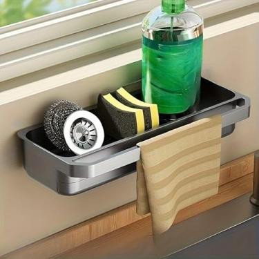 Imagem de 1 organizador de cozinha montado na parede com suporte de esponja e escorredor de pratos – Armazenamento de pia de plástico PP durável com economia de espaço para esponjas, sabonete, toalhas, design