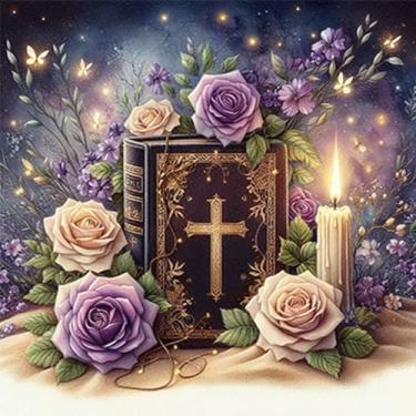 Imagem de AWLNKMC Kits de pintura de arte de diamante de vela de cruz de flor para adultos, kits de pintura de diamante para adultos iniciantes, kits de arte 5D faça você mesmo para adultos, decoração de parede