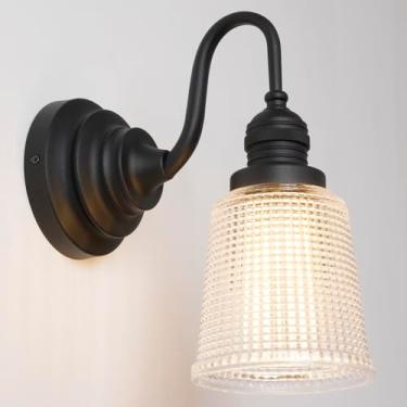 Imagem de Teqinchy Arandela de parede vintage preta luminária de banheiro com sombra de vidro ondulado transparente lâmpada de arandela de casa de fazenda para banheiro espelho sala de estar quarto cozinha E26