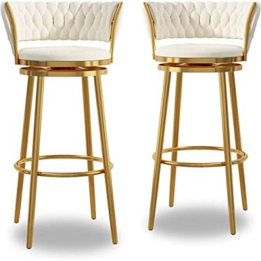 Imagem de Banquetas de bar conjunto de bancos de bar de 1/2/3/4 com encosto, cadeiras de bar giratórias com apoio para os pés, banqueta de café de cozinha, assento de veludo branco, moldura de metal dourado