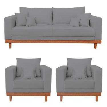 Imagem de Kit 2 Poltronas Living + Sofá 3 Lugares Com Base Madeira Linho Grafite
