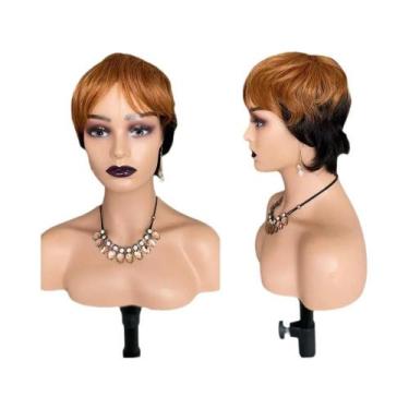 Imagem de Peruca De Cabelo Humano Liso Preto Com Corte Pixie, Feita À Máquina, C