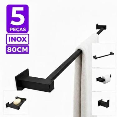 Imagem de Toalheiro Inox 80cm - Kit Acessórios Banheiro 5 Peças Preto Fosco - De