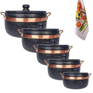 Imagem de Jogo Com 5 Panelas De Pedra Sabão + Pano de Prato - Arte Nativa