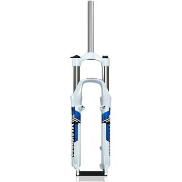 Imagem de Garfo de suspensão para MTB Garfo dianteiro para bicicleta de montanha de 26 polegadas 100mm Viagem 1 1/8 Tubo reto QR 9mm Disco/V Freio Garfo de liga de alumínio, branco azul, 26 pol.