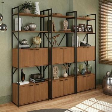 Imagem de Kit 3 Estantes Altas para Livros Escritório 12 Portas 202cm X 216cm Industrial Canela/P...