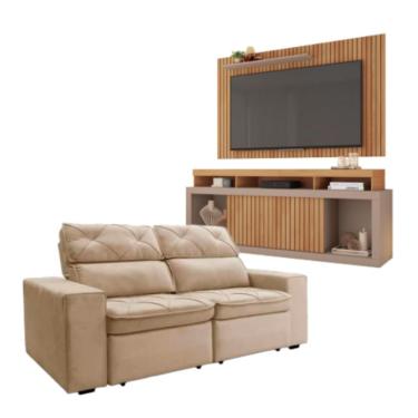 Imagem de Kit Sofá Cheer Solar 3 Lugares Com Rack Painel New Oscar Bege/buriti/fendi