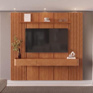 Imagem de Painel com Rack para Tv até 75 Polegadas 3 Gavetas 234cmx250cm Ripado 100% Mdf Apolo Na...