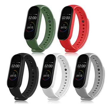 Imagem de Pacote Kit 5 Pulseiras Extras Compatível com Mi Band 5 6 Sport Silicone Cores Vivas (Verde-militar+Vermelho+Preto+Branco+Cinza)