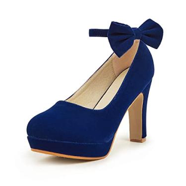 Imagem de GATUXUS Sapato feminino de salto alto plataforma com tira no tornozelo, salto grosso, para festa, casamento, formatura, Azul marino, 40