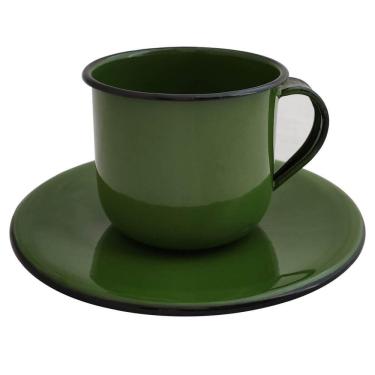 Imagem de Caneca Esmaltada Xícara Com Pires Para Chá Café 180ml Verde