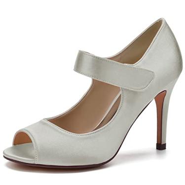 Imagem de Sapatos de noiva de cetim feminino, sapatos peep toe de salto agulha alto marfim 35-43,Silver,7 UK/40 EU