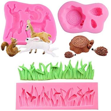 Imagem de 3 peças/conjunto de molde de bolo de animais selvagem de floresta de esquilo cervo coelho espinheiro árvore carimbo grama pasta de silicone açúcar artesanato bolo, cupcake decoração ferramenta de polímero argila molde