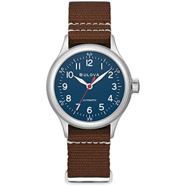 Imagem de Bulova Relógio masculino militar A11 de aço inoxidável com 3 ponteiros, pulseira de couro marrom e mostrador azul Estilo: 96A282, Prata, Relógio automático