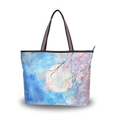 Imagem de My Daily Fashion Bolsa de ombro feminina para mulheres, bolsa de mão de flor de cereja de lua cheia, aquarela grande, Multicoloured, Large