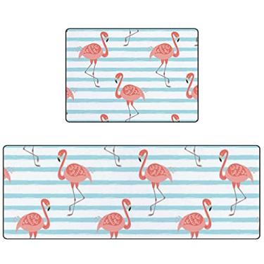 Imagem de Vantaso Tapete de cozinha anti-fadiga, flamingo rosa em azul listrado, conjunto de 2 tapetes antiderrapantes e impermeáveis para cozinha, tapetes de corredor confortáveis