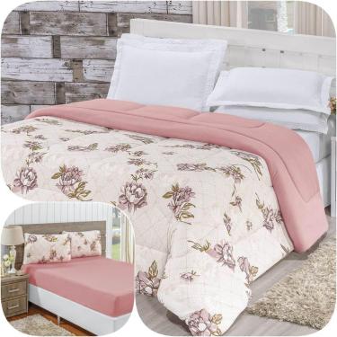 Imagem de Kit Edredom Queen com Jogo de Lençol Malha 100% Algodão 4 Peças - Floral Rosê