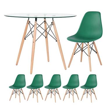 Imagem de Loft7, Mesa redonda Eames com tampo de vidro 100 cm + 5 cadeiras Eiffel DSW Verde escuro