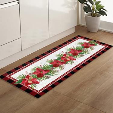 Imagem de Tapetes e tapetes de corredor, 11698 peças, estampa floral poinsétia de Natal, folhas de plantas vermelho preto xadrez branco antiderrapante, tapete de cozinha absorvente, tapete de porta interno com suporte de pontos de borracha, tapete de pé 45 x 143 cm