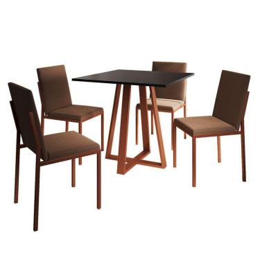 Imagem de conjunto de mesa de jantar com tampo preto e 4 cadeiras mônaco veludo marrom e cobre