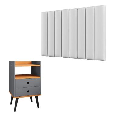 Imagem de Kit Cabeceira Estofada Cama Box Solteiro 90 cm Sophia Branco e Mesinha Canto Quarto 2 Gavetas Retrô Nicho Decorativo Dream Cinza/Cinamomo- RPM 