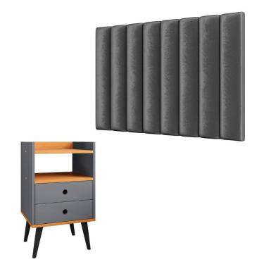 Imagem de Kit Cabeceira Estofada Cama Box Solteiro 90 cm Sophia e Mesinha Canto Quarto 2 Gavetas Retrô Nicho Decorativo Dream -Cinza/Cinamomo- RPM