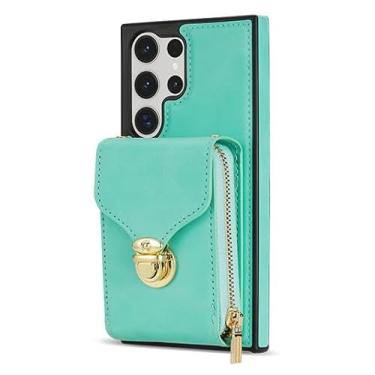 Imagem de Capa transversal para Samsung Galaxy S23 Ultra/S23 Plus/S23, capa de telefone carteira de couro com zíper moda feminina com compartimento para cartão, capa de TPU à prova de choque, verde, S23 6,1 polegadas