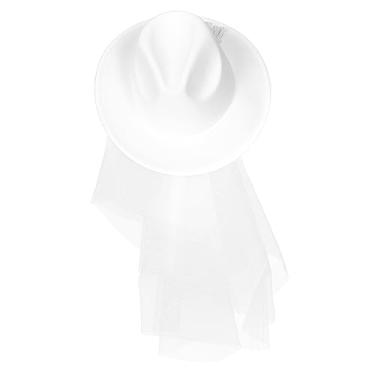 Imagem de CALLARON Chapéu de véu de noiva com chapéu branco de véu chapéu de aba de despedida de solteira vestido de chá de panela decoração strass chapéu de aba larga para festa chapéu com véu verão