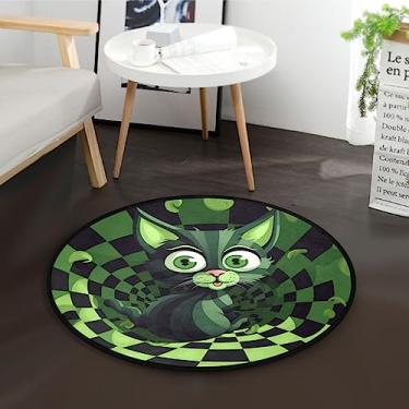 Imagem de Tapete redondo 0,91 m preto verde quadrado redemoinho desenho animado gato bonito área tapete lavável antiderrapante tapete redondo para sala de estar sofá 3' diâmetro