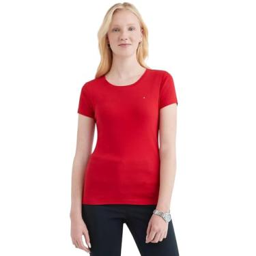 Imagem de Tommy Hilfiger Camiseta feminina gola redonda logotipo cor sólida manga curta algodão 1483915, (Coleção 2024) Vermelho primário, GG