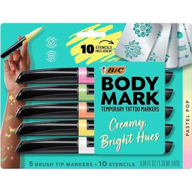 Imagem de BIC Marcadores BodyMark Body Art, Pastel Pop, ponta de pincel flexível, pacote com 5 unidades de cores sortidas, seguro para a pele, qualidade cosmética