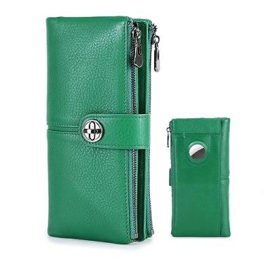 Imagem de Contacts Carteira feminina Turnlock para AirTag, bolsa de couro com zíper, suporte de telefone Rfid Bifold Clutch, Verde, Vintage