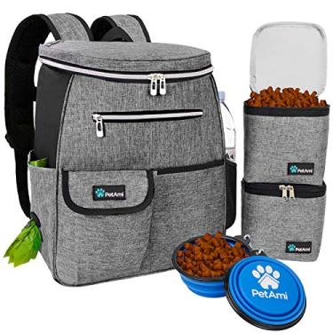 Imagem de Mochila de viagem para cães PetAmi | Organizador de mochila com dispensador de cocô, bolso multifuncional, bolsa de recipiente de alimentos e tigela dobrável | Conjunto de viagem perfeito para cães e gatosPetAmi One Size cinza