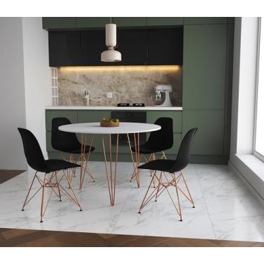 Imagem de Mesa de Jantar Redonda 110cm BrancoClips 3 Pés Cobre com 4 Cadeiras Eames Eiffel Pretas