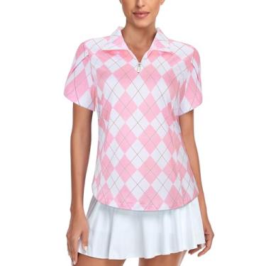 Imagem de Tanst Sky Camisetas femininas de golfe com zíper sobreposto manga curta para treino camiseta de tênis de secagem rápida, Xadrez rosa, XXG