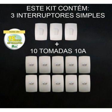 Imagem de Kit 10 Tomadas 10A + 3 Interruptores Simples 4X2 - Blux Home Branco -