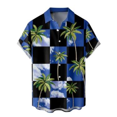 Imagem de WRITKC Camisas havaianas masculinas soltas de manga curta camisas de praia masculinas casuais de resort, Xadrez preto azul - 05, GG