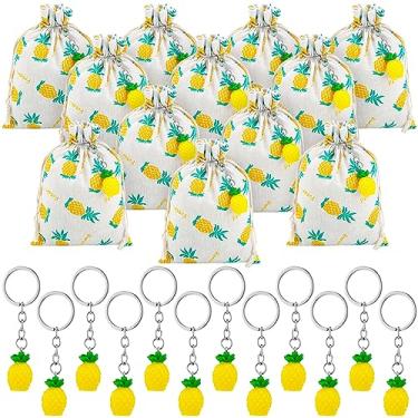 Imagem de 24 peças de brindes de festa de abacaxi incluem 12 sacos de presente de abacaxi bolsa de abacaxi e 12 chaveiros de abacaxi enchimentos de presente para decoração de abacaxi festa de verão havaiana Luau