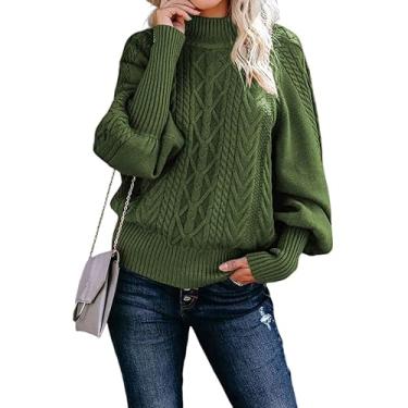 Imagem de LUBOSE Suéter feminino solto sólido pulôver suéter de gola média suéter sólido, Verde escuro, 3G