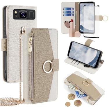 Imagem de Asuwish Capa de telefone para Samsung Galaxy S8 capa carteira com protetor de tela e espelho couro PU capa flip anel suporte cartão de crédito alça transversal suporte celular S 8 8S Edge SM-G950U